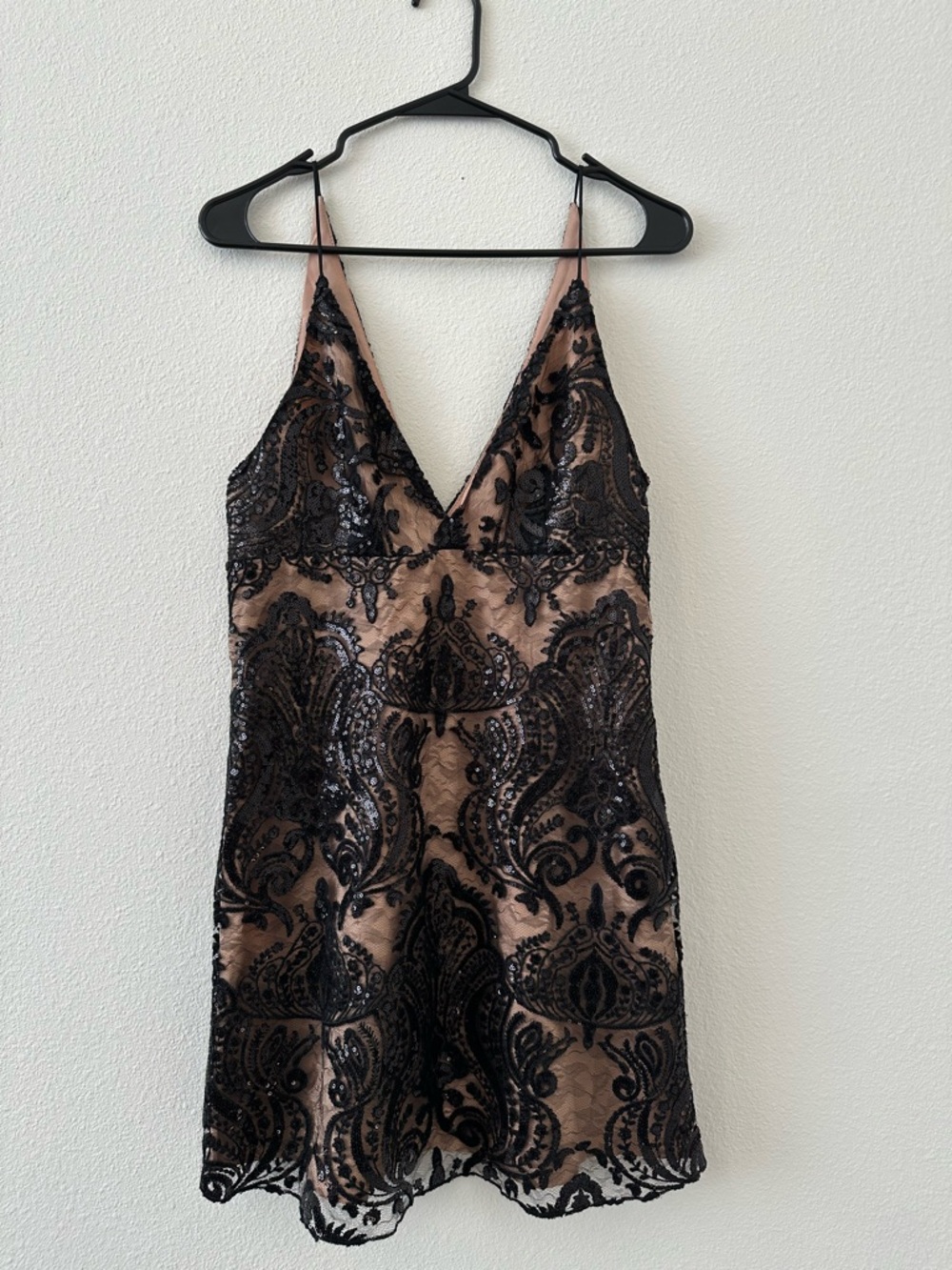 Free People Black Sequin Lace Slip Dress with Nude Lining